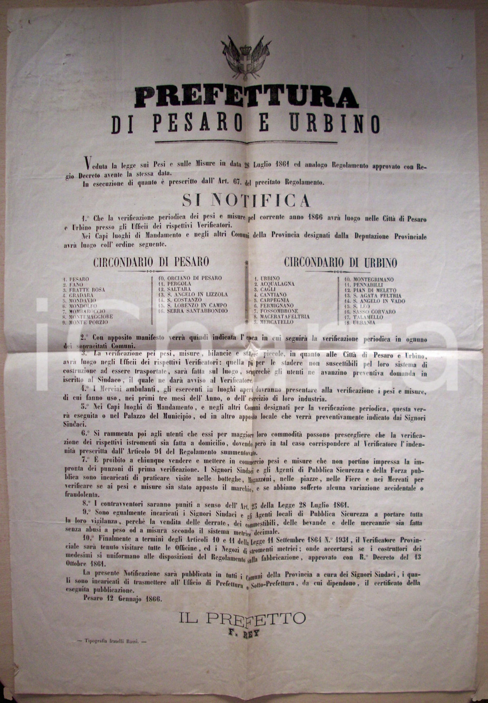 Documento originale, autentico 1866 PESARO Verificazione pei pesi, misure e stadere 1