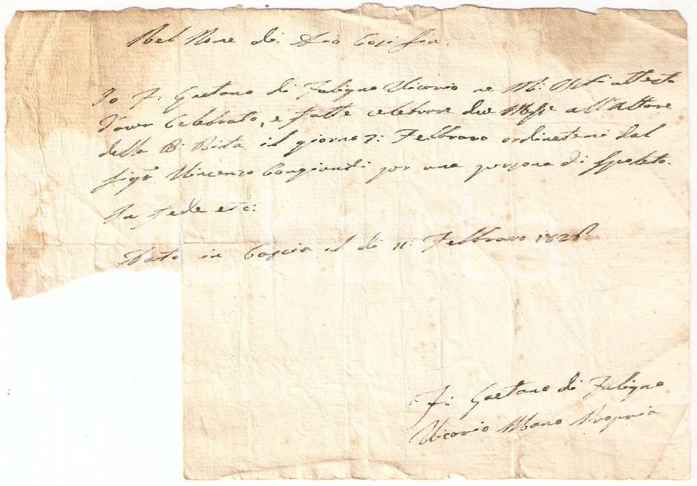 Documento originale, autentico 1826 CASCIA (PG) Ricevuta fra Gaetano da Foligno vicario per messe celebrate 1