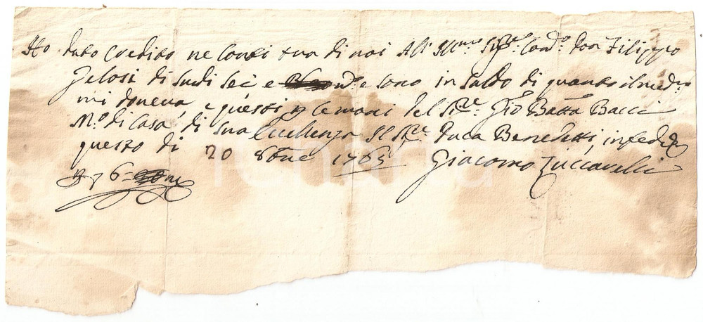 Documento originale, autentico 1765 AREZZO Ricevuta Giacomo ZUCCARELLI per saldo casa Luca BENEDETTI 1