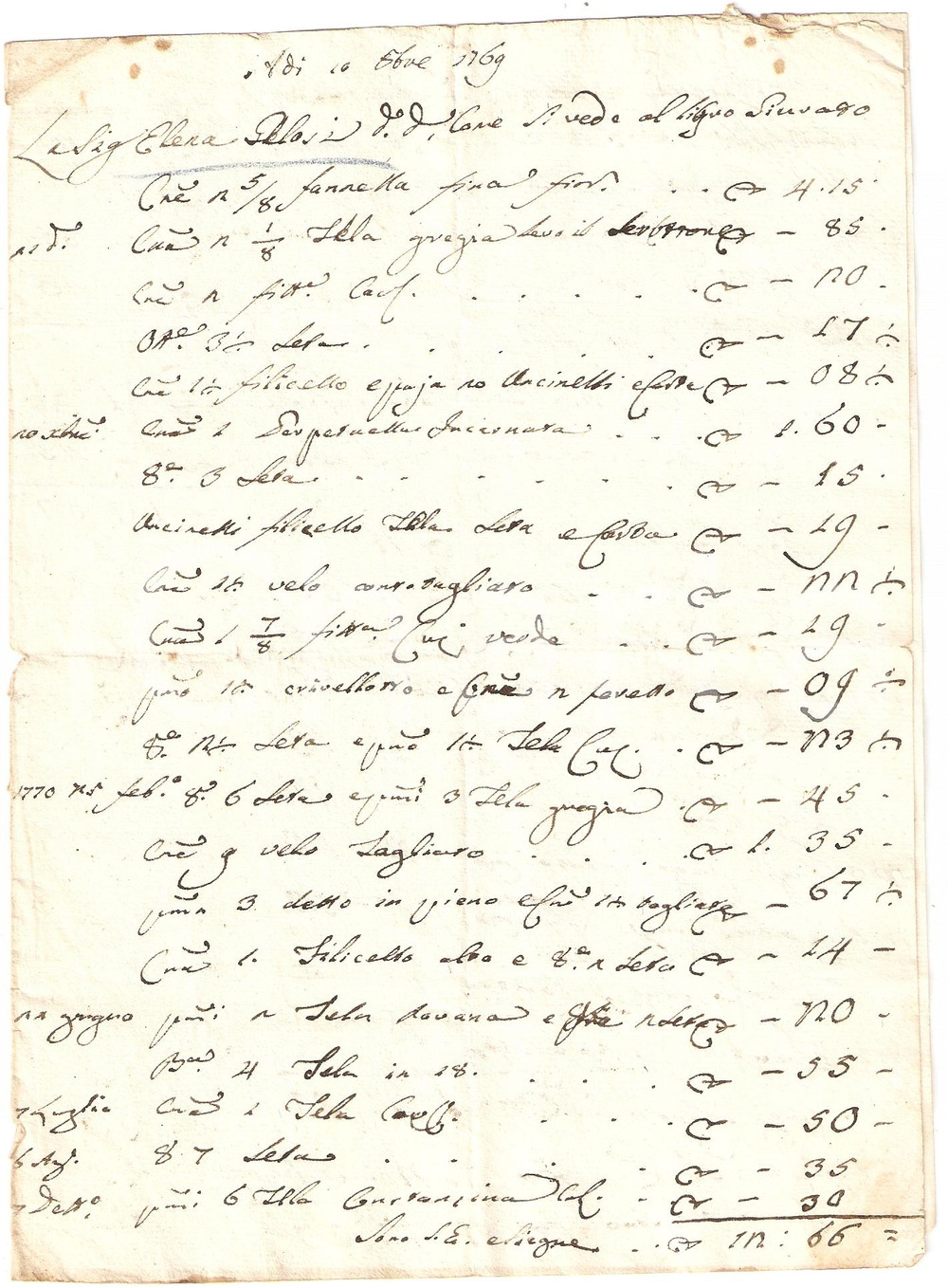 Documento originale, autentico 1769 SPOLETO (PG) Conto spese di Elena GELOSI per tele e uncinetti *Manoscritto 1