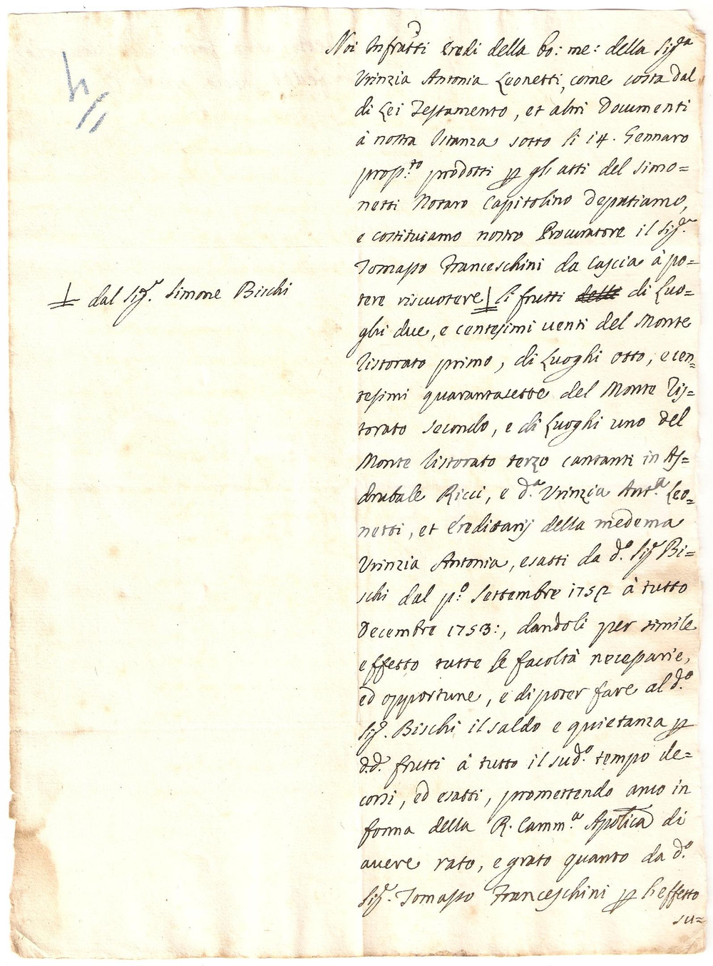 Documento originale, autentico 1753 CASCIA Tommaso FRANCESCHINI procuratore LEONETTI 1