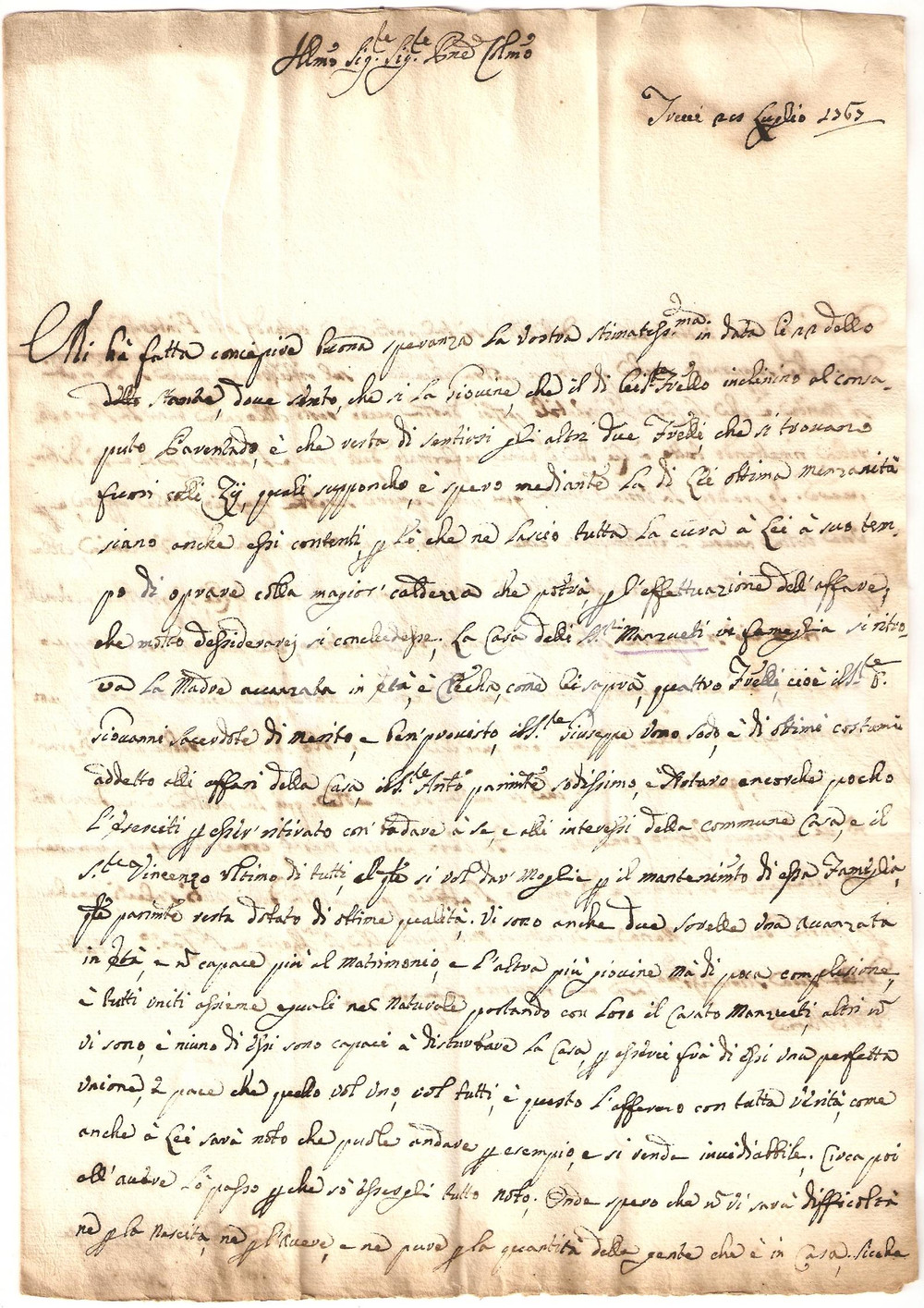 Manoscritto, lettera originale 1767 TREVI Niccolò ARREDI combina il matrimonio per Vincenzo MANSUETI Autografo 1