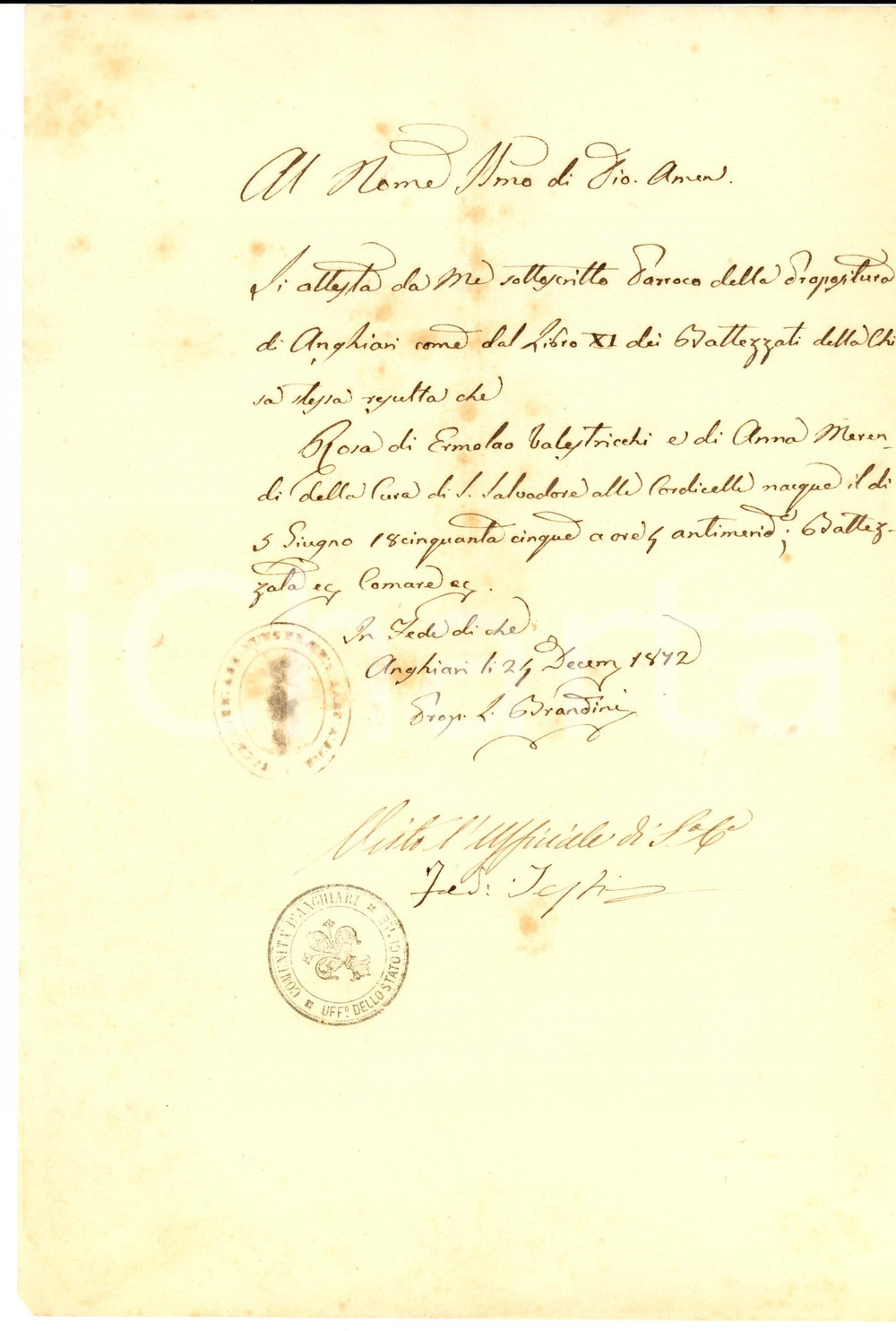 Documento originale, autentico 1872 ANGHIARI (AR) Certificato di nascita di Rosa VALESTRICCHI *Documento 1
