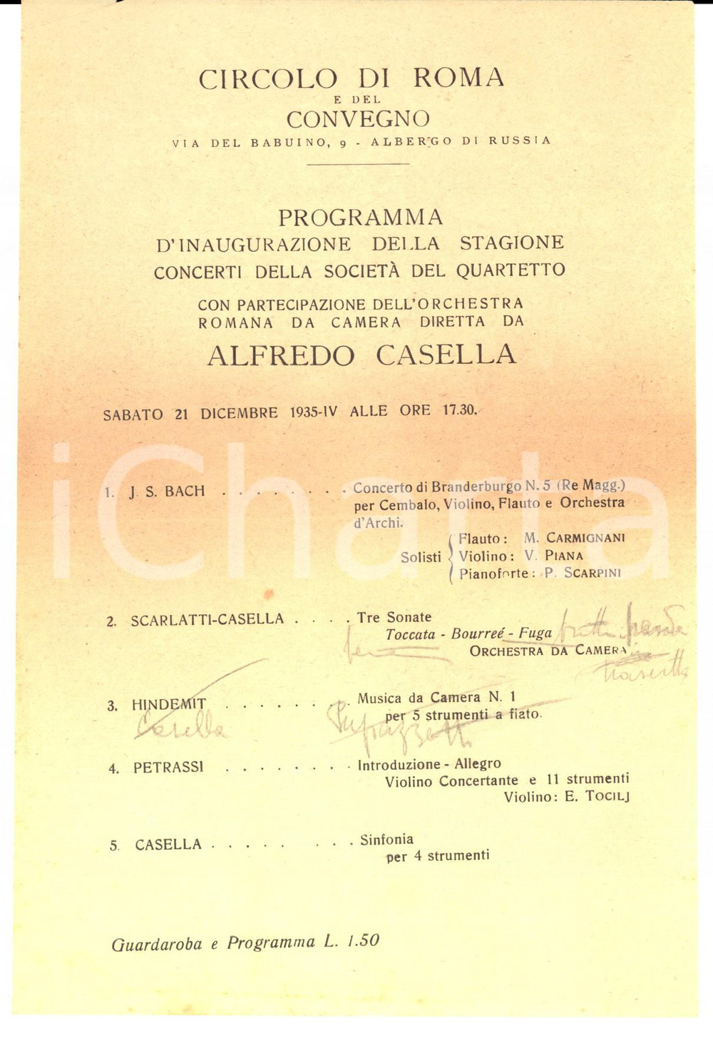 Oggetto da collezione cartaceo 1935 ROMA Società del Quartetto Concerto orchestra romana con Alfredo CASELLA 1