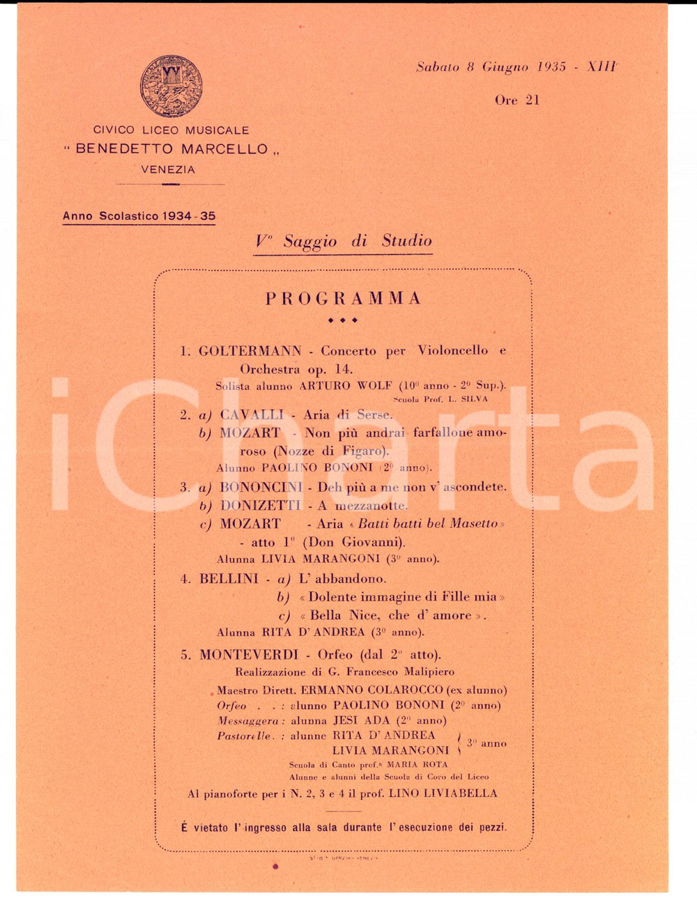 Oggetto da collezione cartaceo 1935 VENEZIA Liceo Musicale  Benedetto Marcello  Programma saggio di studio 1