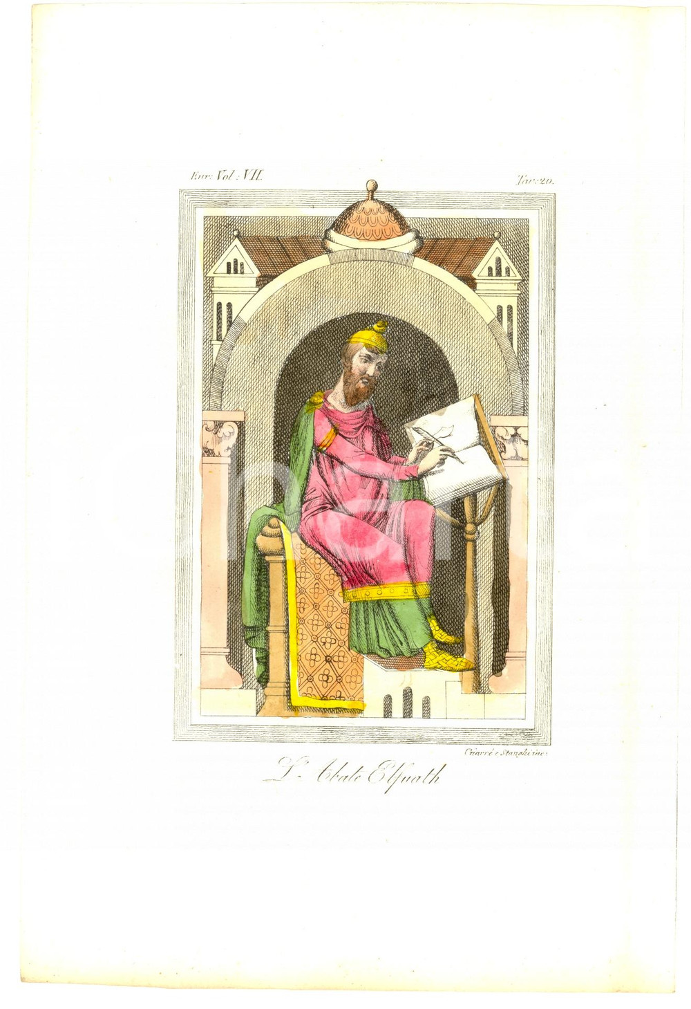 Stampa, bozzetto originale 1830 L abate ELFUARTH Incisone GIARRE  e STANGHI Colorata a mano 1