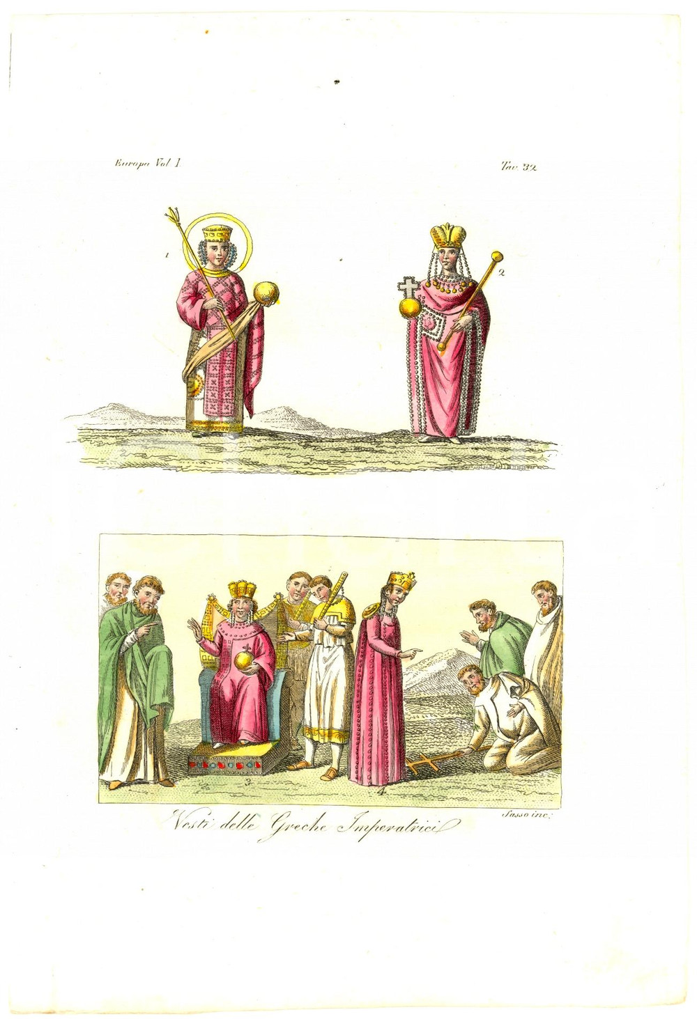 Stampa, bozzetto originale 1830 Vesti delle Greche Imperatrici Incisione SASSO Colorata a mano 1