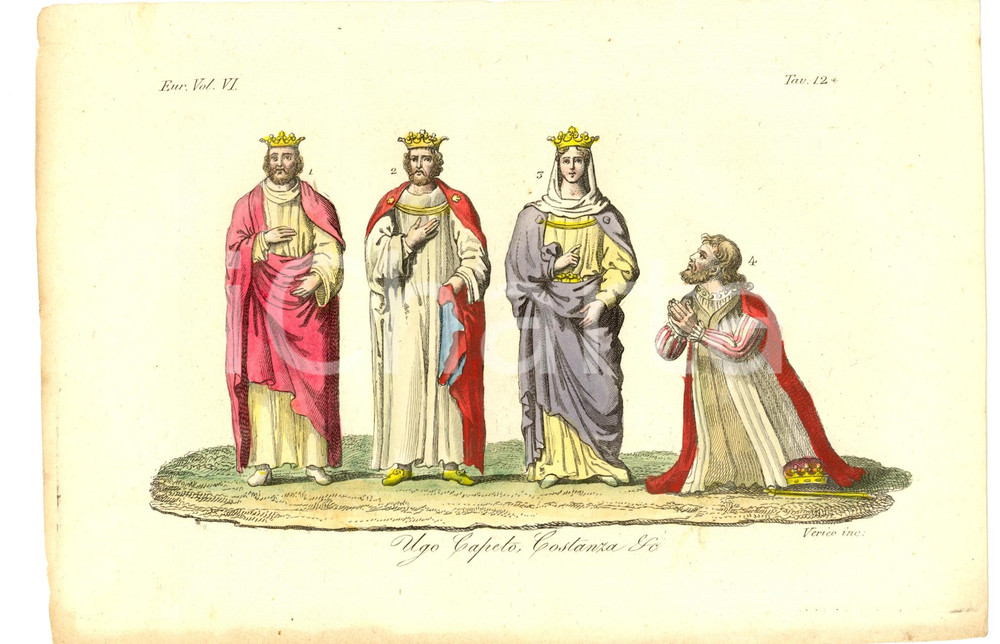 Stampa, bozzetto originale 1826 Ugo Capeto e Costanza Incisione VERICO Colorata a mano 1
