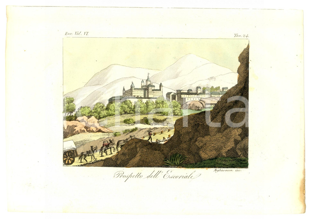 Stampa, bozzetto originale 1830 Prospetto dell'ESCORIAL Incisore MIGLIAVACCA 1