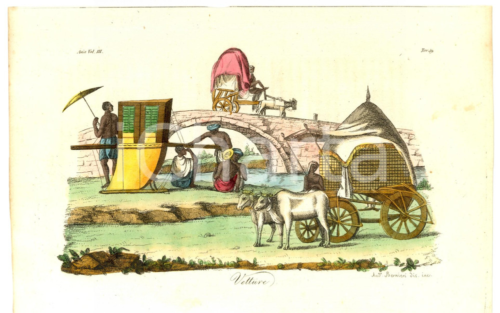 Stampa, bozzetto originale 1824 ASIA Vetture tradizionali Andrea BERNIERI Inc. 1