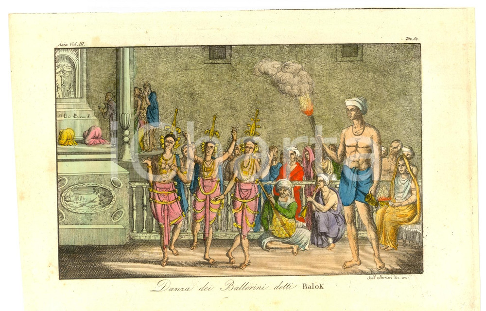 Stampa, bozzetto originale 1824 ASIA Danza dei ballerini detti BALOK Inc. BERNIERI 1
