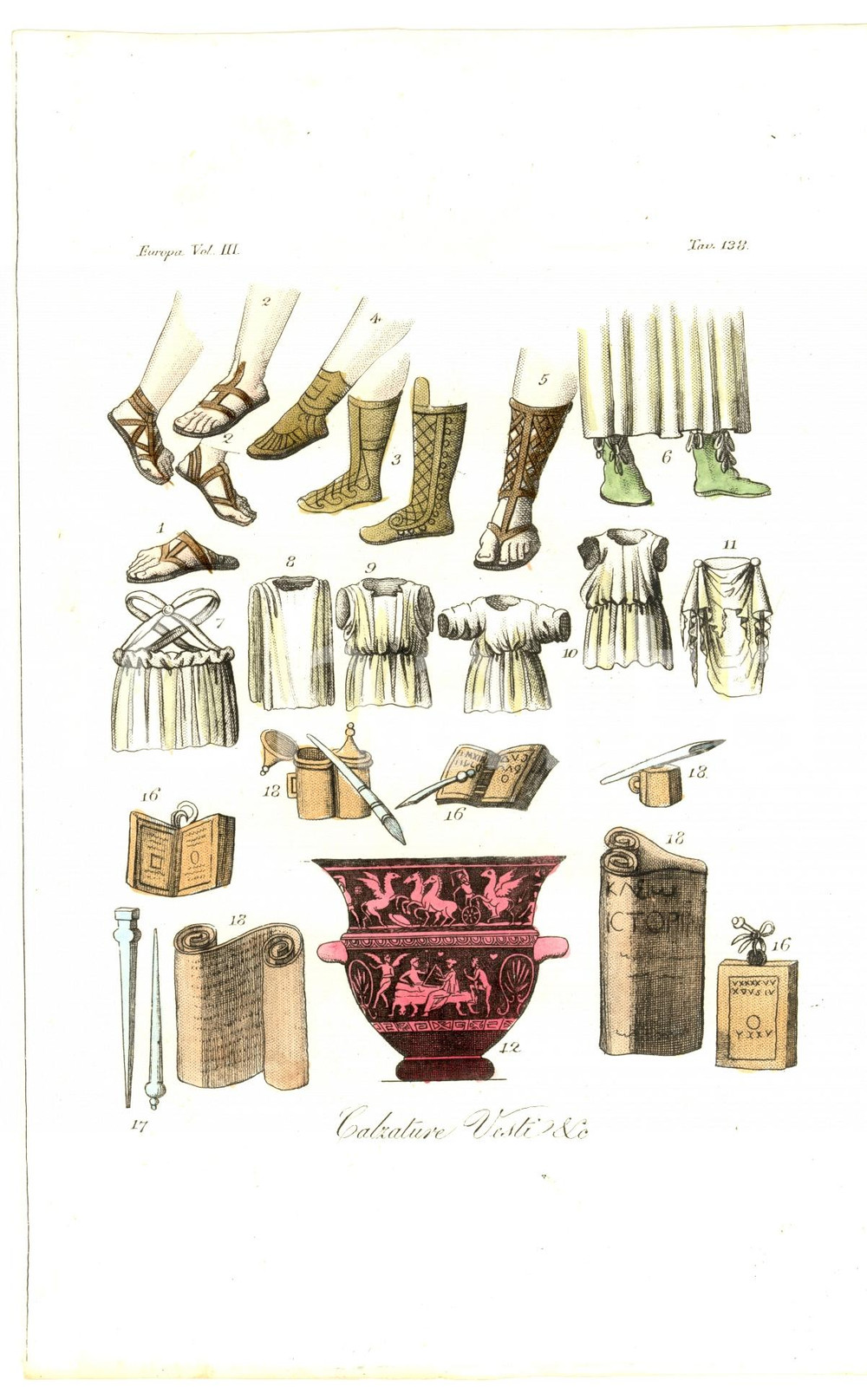 Stampa, bozzetto originale 1827 COSTUME EUROPEO Calzature e vesti  Acquerellata 1