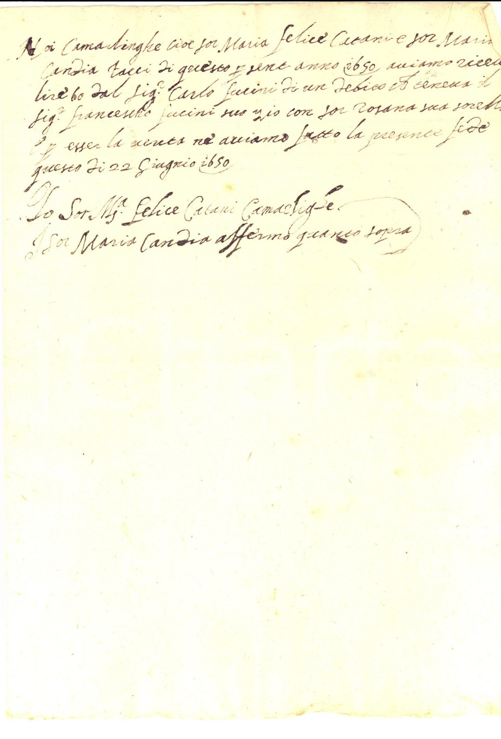Manoscritto, lettera originale 1650 AREZZO (?) Ricevuta camarlinga suor Maria Felice CATANI per saldo debito 1