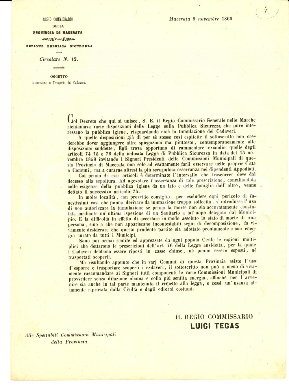 Documento originale, autentico 1860 MACERATA Contro il trasporto di cadaveri scoperti 1