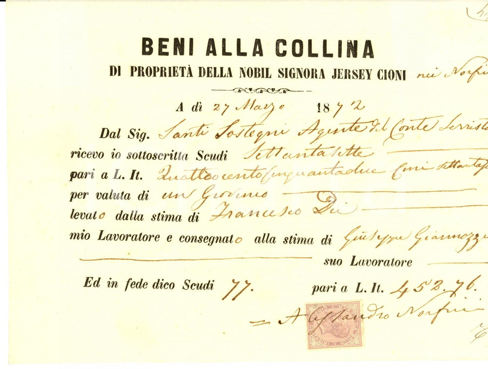 Documento originale, autentico 1872 FIRENZE Beni alla collina nobile JERSEY CIONI Ricevuta di bestiame 1