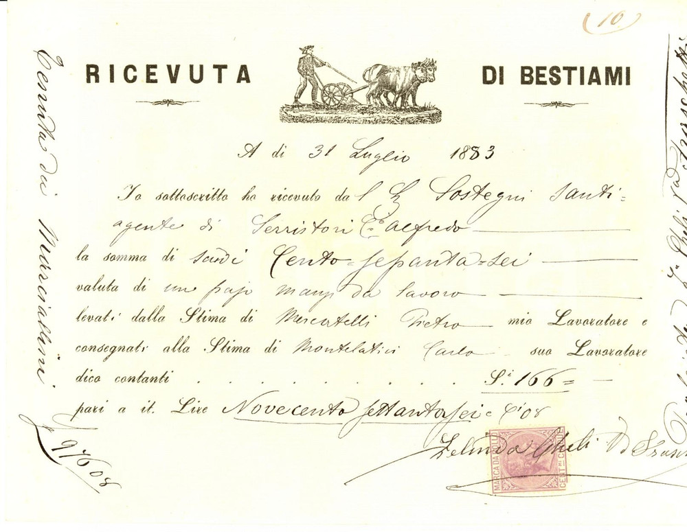 Documento originale, autentico 1883 MERCATALE VAL DI PESA Ricevuta VILLA MARCIALLINI 1