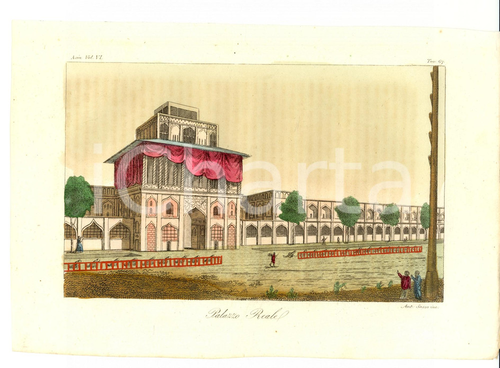 Stampa, bozzetto originale 1830 ASIA Palazzo Reale PERSIA Incisione Antonio SASSO 1