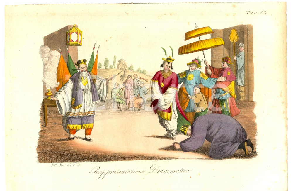 Stampa, bozzetto originale 1830 CINA Rappresentazione drammatica Incisione BERNIERI colorata a mano 1