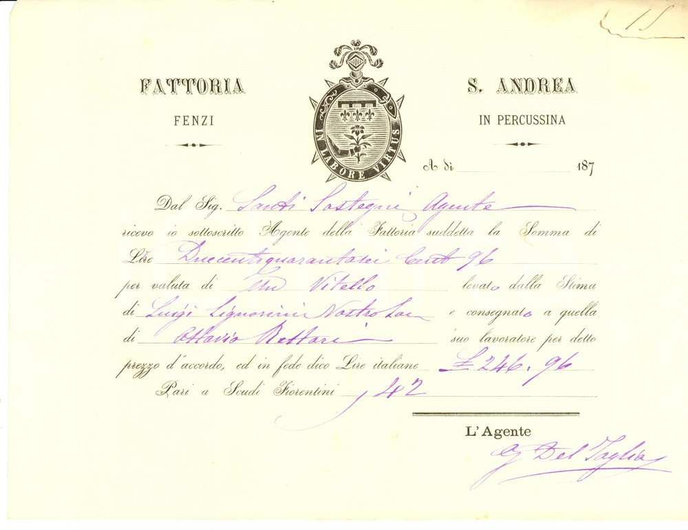 Documento originale, autentico 1870 SANT'ANDREA IN PERCUSSINA (FI) Nota fattoria FENZI 1