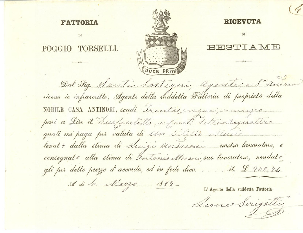 Documento originale, autentico 1882 S. CASCIANO VAL DI PESA Nota VILLA POGGIO TORSELLI 1