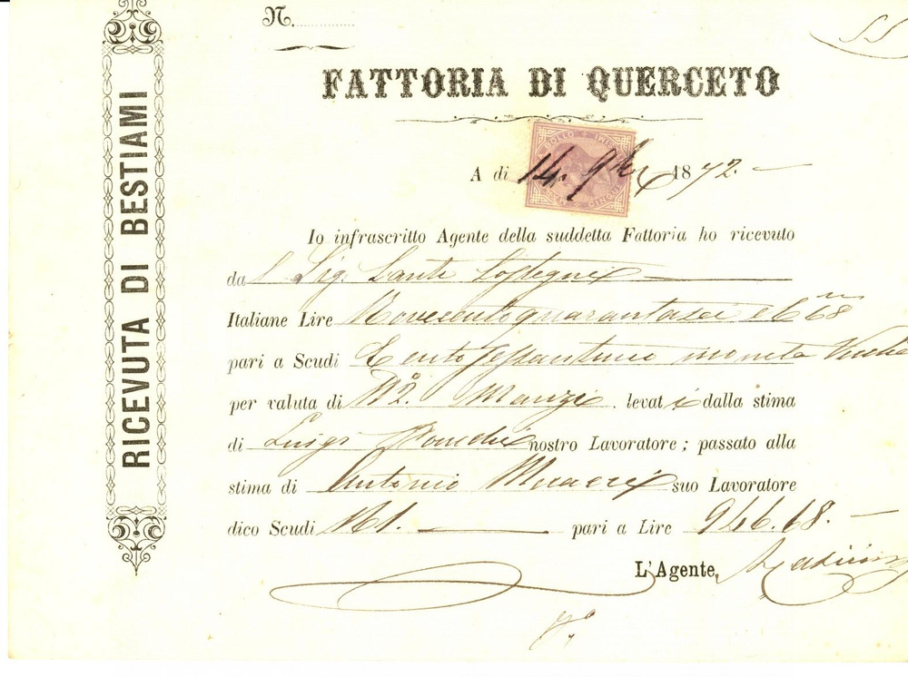 Documento originale, autentico 1872 TAVARNELLE VAL DI PESA (FI) Fattoria di QUERCETO 1