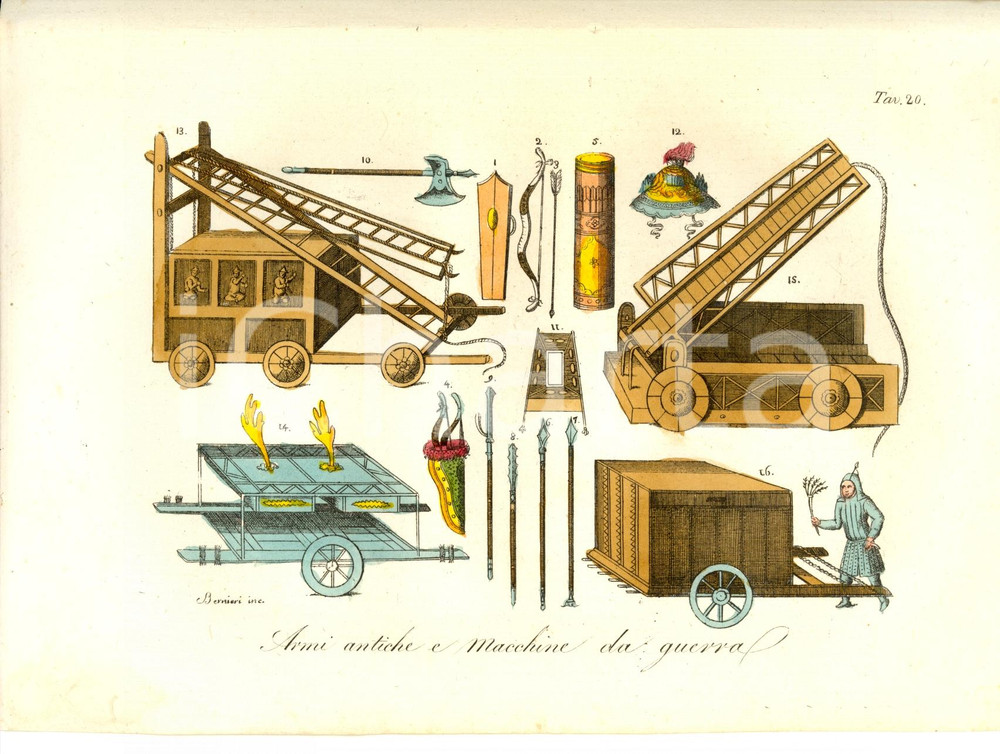 Stampa, bozzetto originale 1823 CINA Armi antiche macchine da guerra Incisione BERNIERI 1