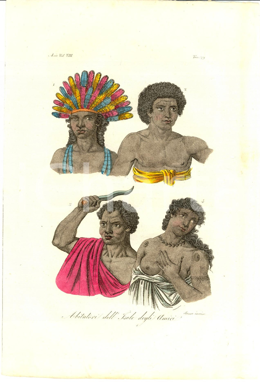 Stampa, bozzetto originale 1823 OCEANIA Abitatori isole degli AMICI Inc. SASSO 1