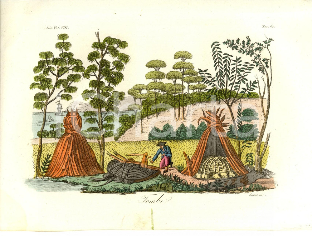Stampa, bozzetto originale 1823 TASMANIA Tombe tradizionali Incisione SASSO RARA 1