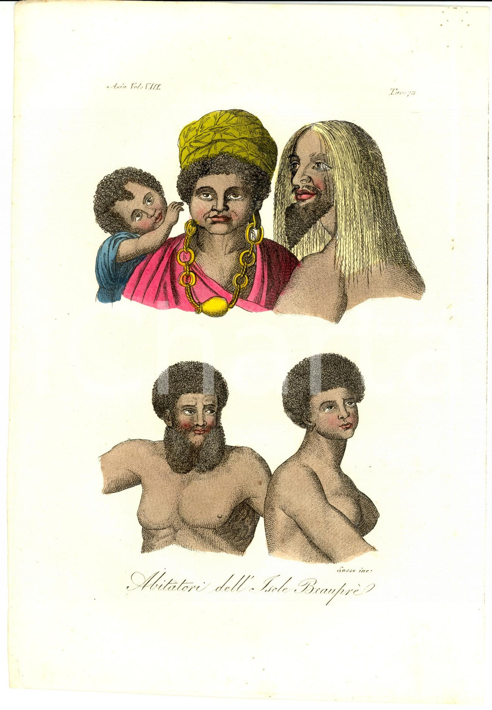 Stampa, bozzetto originale 1823 ANTROPOLOGIA Abitatori Isole BEAUPRE' Inc. SASSO 1