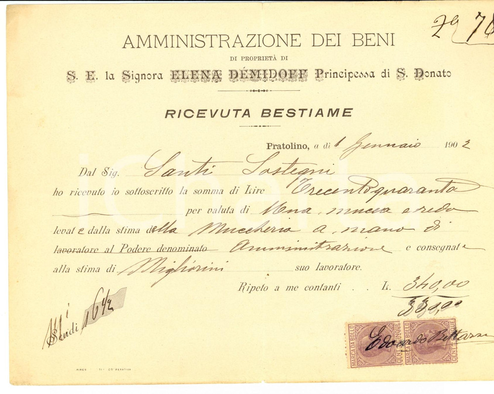 Documento originale, autentico 1902 PRATOLINO FI Ricevuta principessa Elena DEMIDOFF Ricevuta bestiame 1