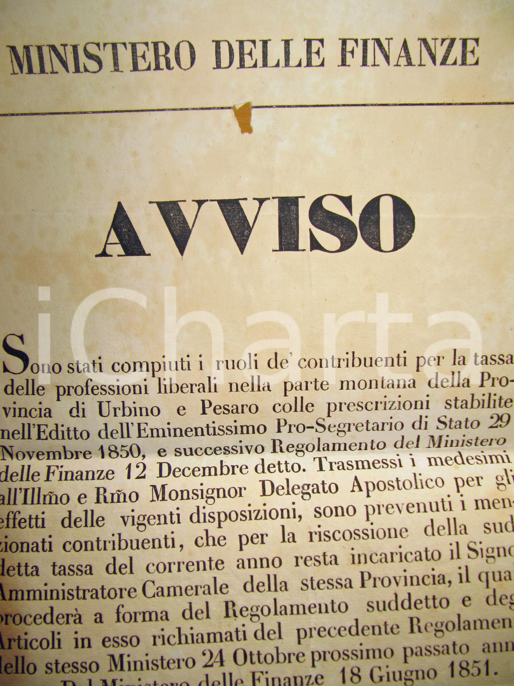 Documento originale, autentico 1851 URBINO Professioni liberali nelle aree montane MANIFESTO 1