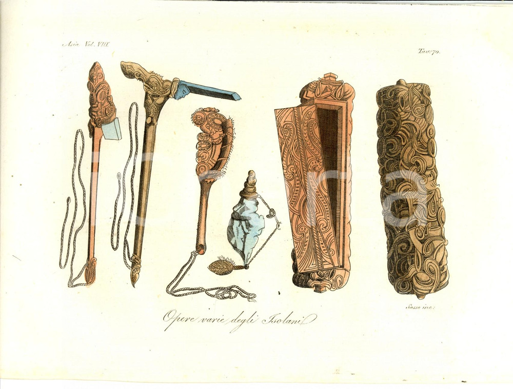 Stampa, bozzetto originale 1823 NUOVA ZELANDA Opere varie degli Isolani Inc. SASSO 1