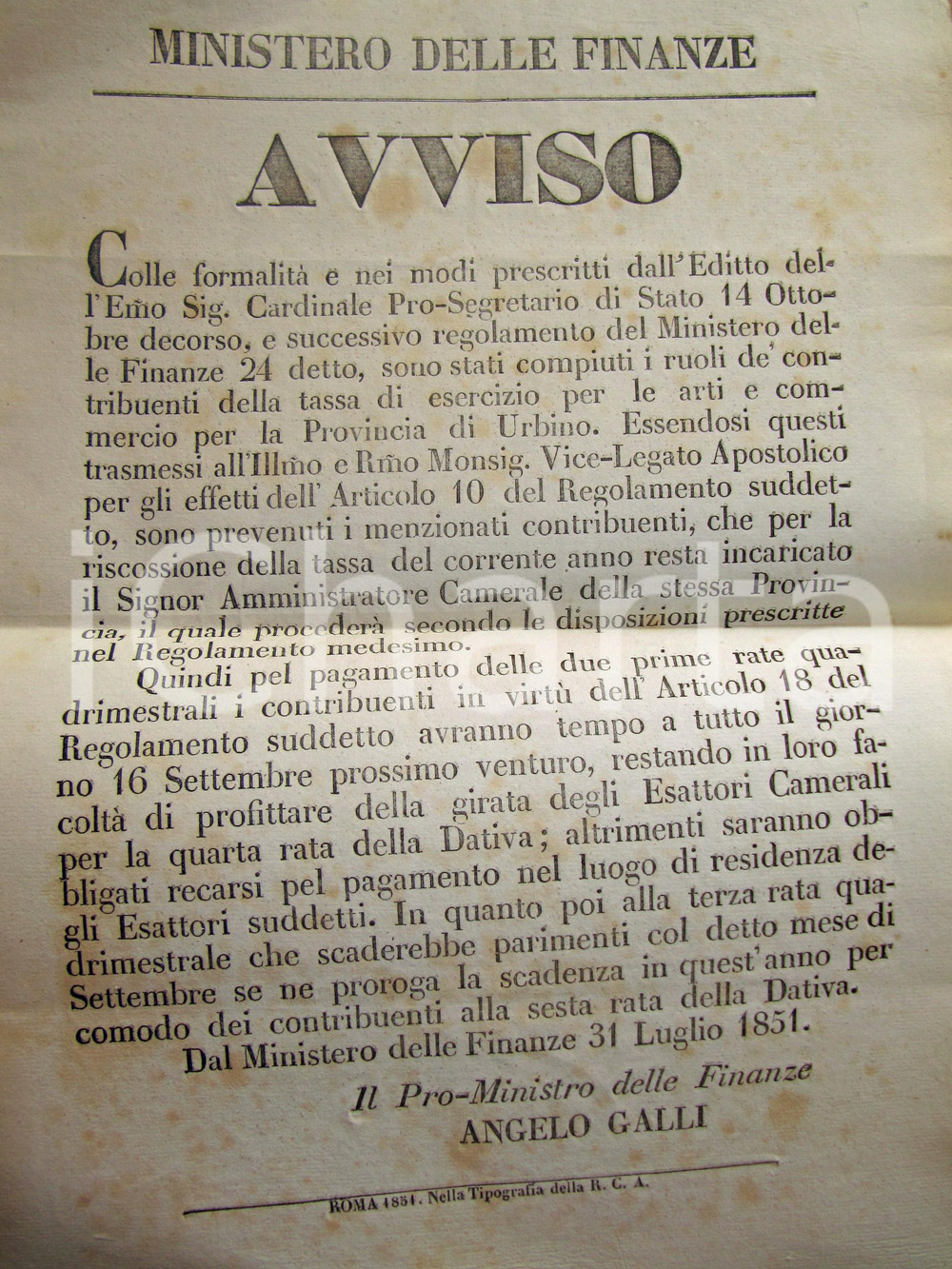 Documento originale, autentico 1851 URBINO Compimento dei ruoli per arti e commercio MANIFESTO 1