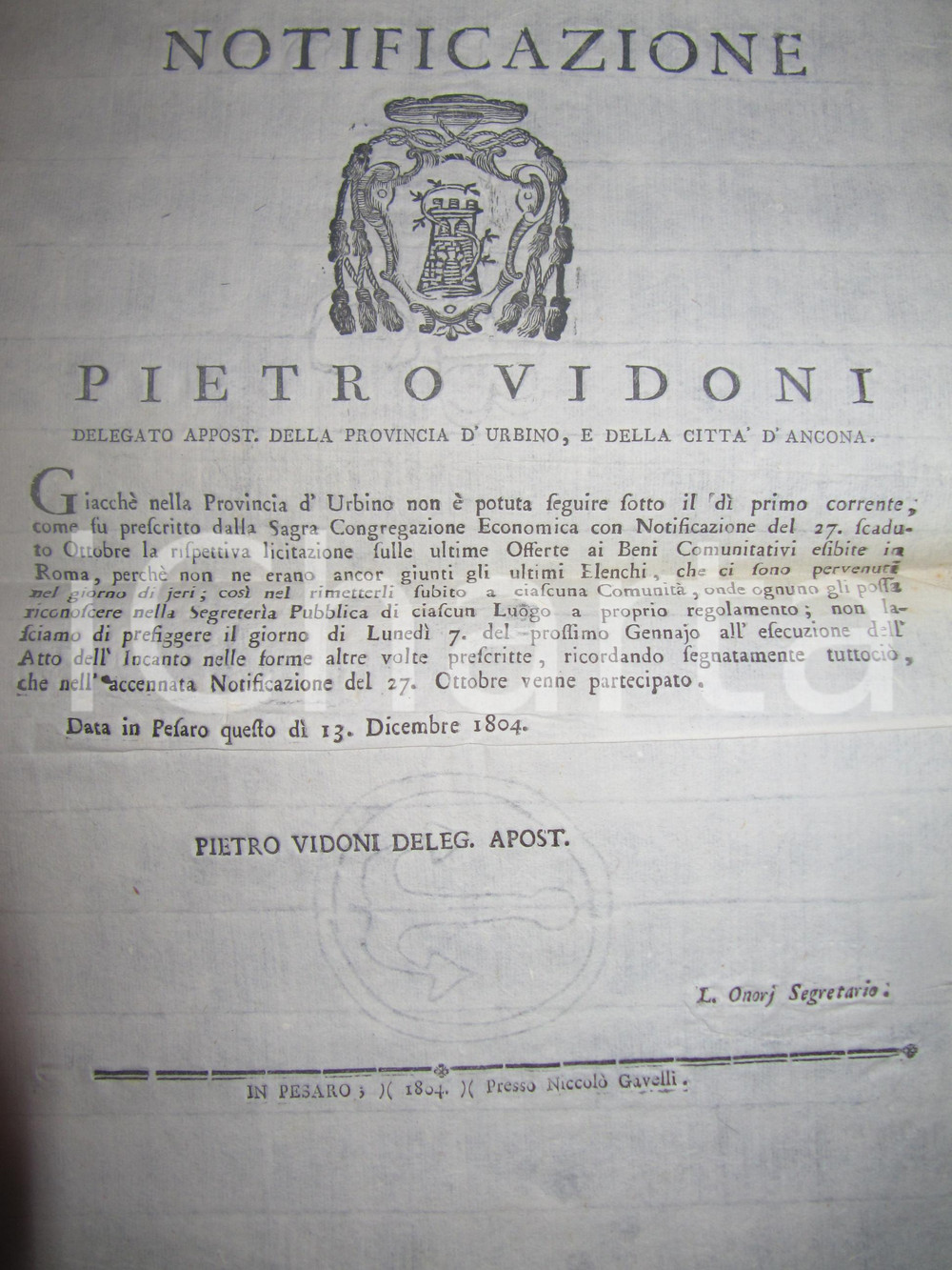 Documento originale, autentico 1804 PESARO Licitazione su offerte ai beni comunitativi Manifesto 1