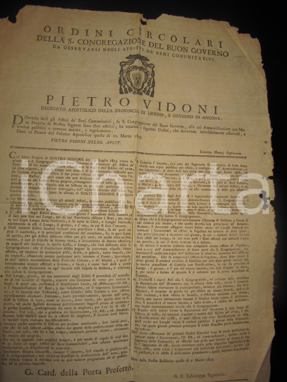 Documento originale, autentico 1805 PESARO Affitti dei beni comunitativi STATO PONTIFICIO Manifesto 1