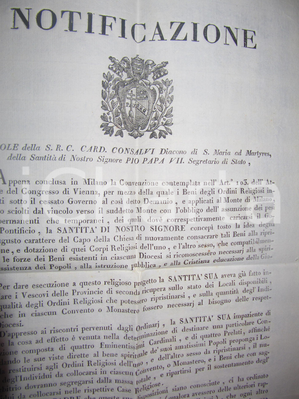 Documento originale, autentico 1817 STATO PONTIFICIO Riapertura conventi soppressi da Napoleone MANIFESTO 1