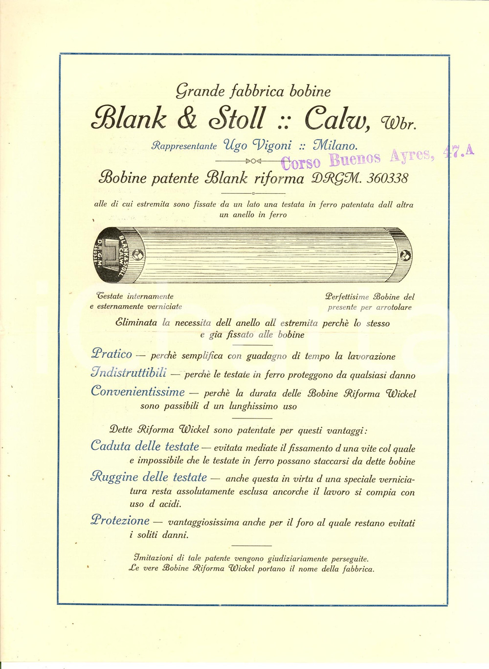 Materiale pubblicitario d’epoca 1930 MILANO Grande fabbrica bobine BLANK & STOLL Pubblicità 1