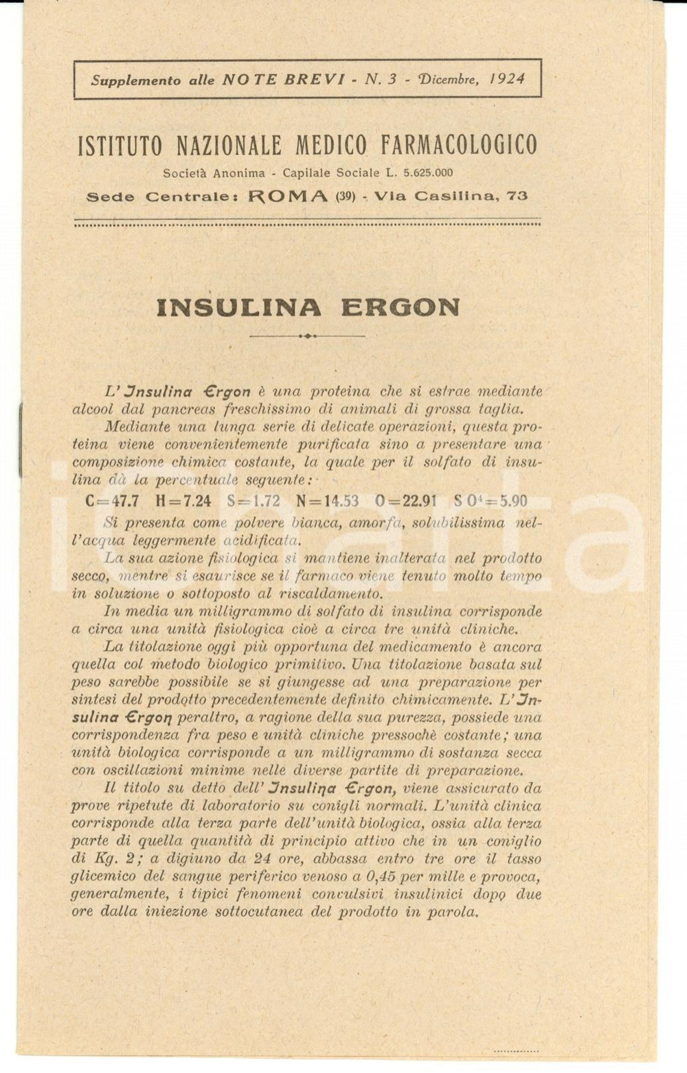 Materiale pubblicitario d’epoca 1924 ROMA Istituto Nazionale Farmaceutico Insulina ERGON Opuscolo 1