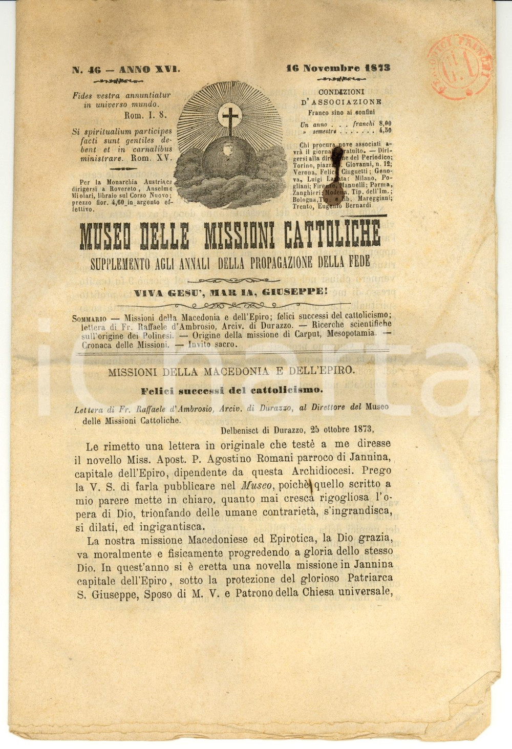 Giornale, rivista storica 1873 TORINO Museo delle MISSIONI CATTOLICHE Anno XVI nÂ° 46 Periodico 1
