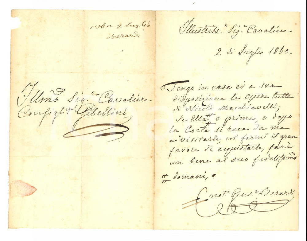 Manoscritto, lettera originale 1860 ROMA Giuseppe BERARDI tiene in casa tutto MACHIAVELLI Autografo 1