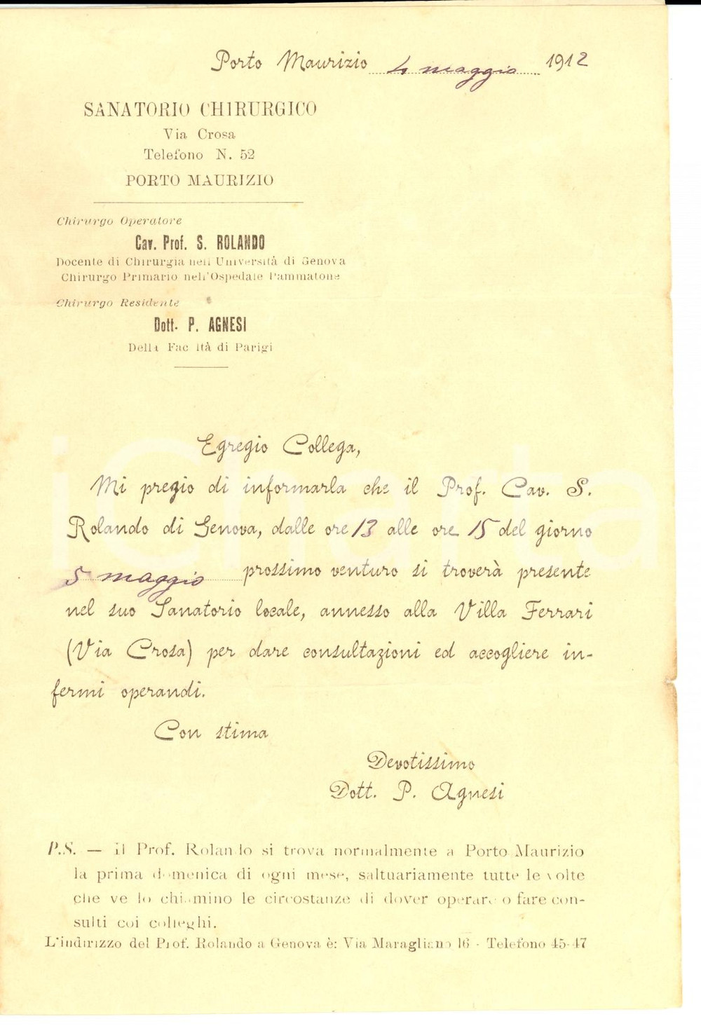 Documento originale, autentico 1912 PORTO MAURIZIO IM Prof. S. ROLANDO visita al SANATORIO CHIRURGICO 1