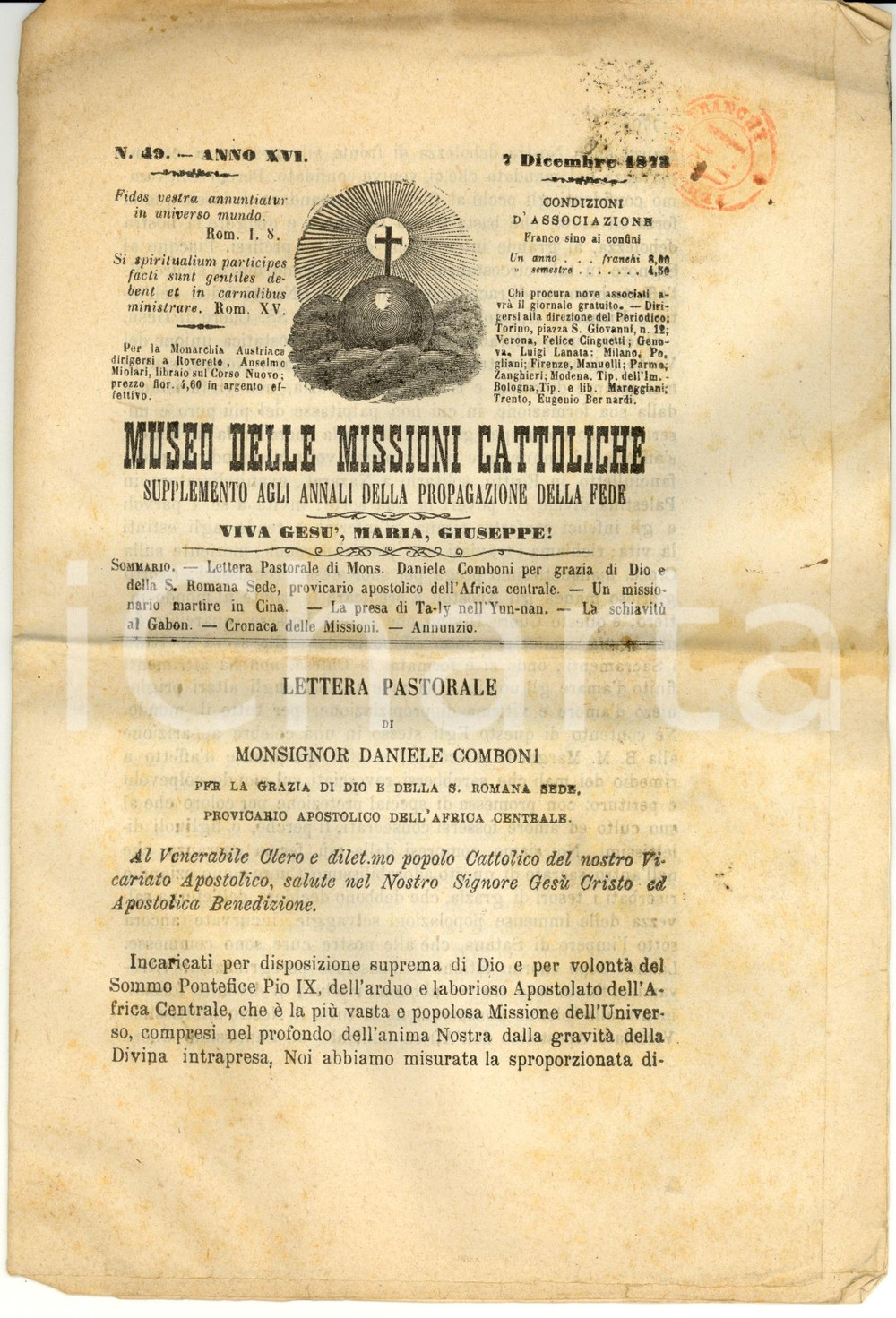 Giornale, rivista storica 1873 TORINO Museo delle MISSIONI CATTOLICHE Anno XVI nÂ° 49 *Periodico 1