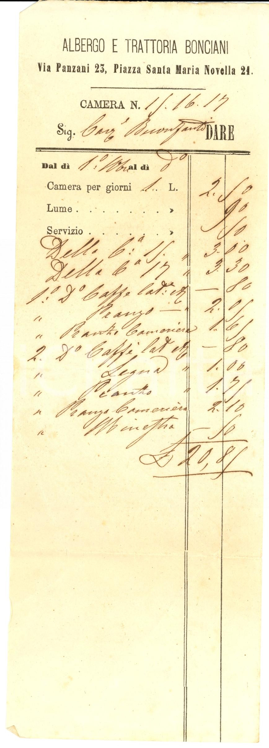 Materiale pubblicitario d’epoca 1917 FIRENZE via Panzani 23 Albergo e trattoria BONCIANI Ricevuta 1