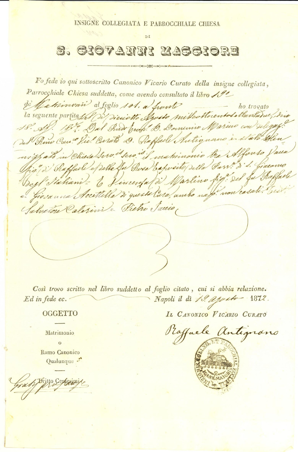 Documento originale, autentico 1872 NAPOLI SAN GIOVANNI MAGGIORE Nozze Alfonso VACCA - Vincenza DI MARTINO 1