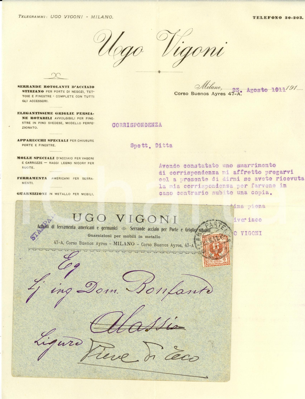 Documento originale, autentico 1911 MILANO Corso Buenos Aires 47 Ugo VIGONI Serrande d acciaio Lettera 1