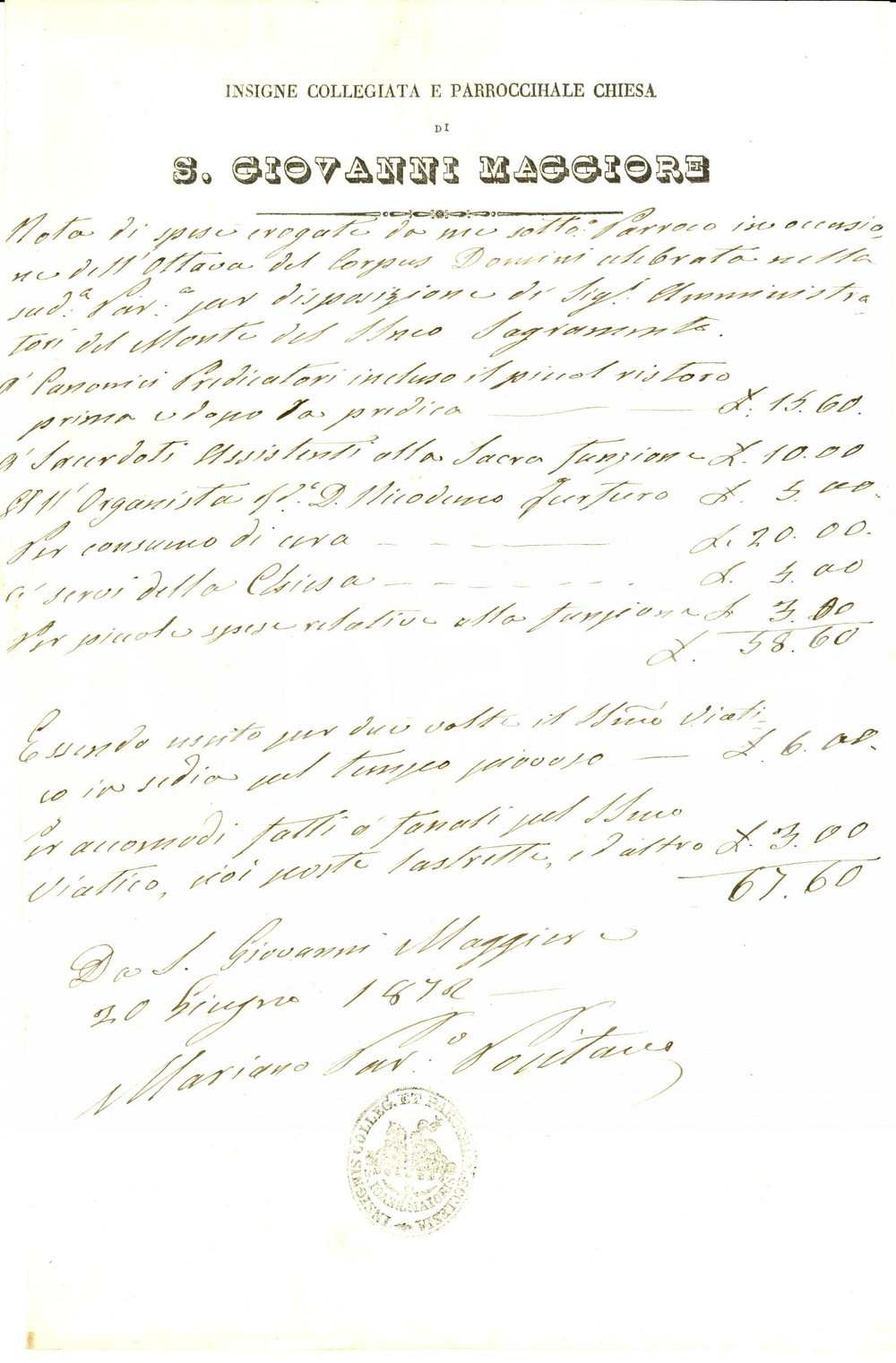 Documento originale, autentico 1872 NAPOLI SAN GIOVANNI MAGGIORE Spese ottava CORPUS DOMINI *Manoscritto 1