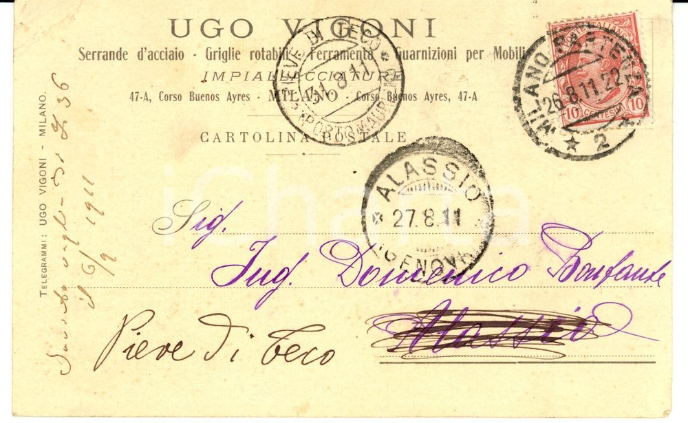 Documento originale, autentico 1911 MILANO Ugo VIGONI Serrande d'acciaio Cartolina FP VG 1