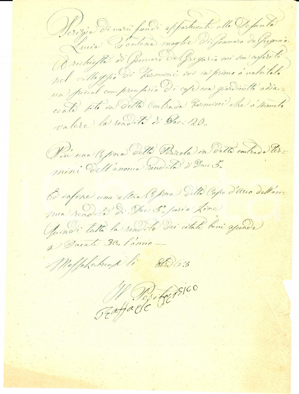 Documento originale, autentico 1863 TERMINI MASSA LUBRENSE (NA) Perizia Raffaele PERSICO su fondi Lucia FONTANA 1
