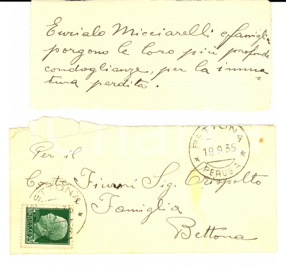 Oggetto da collezione cartaceo 1935 BETTONA (PG) Eurialo MICCIARELLI condoglianze al conte Crispolto FIUMI 1