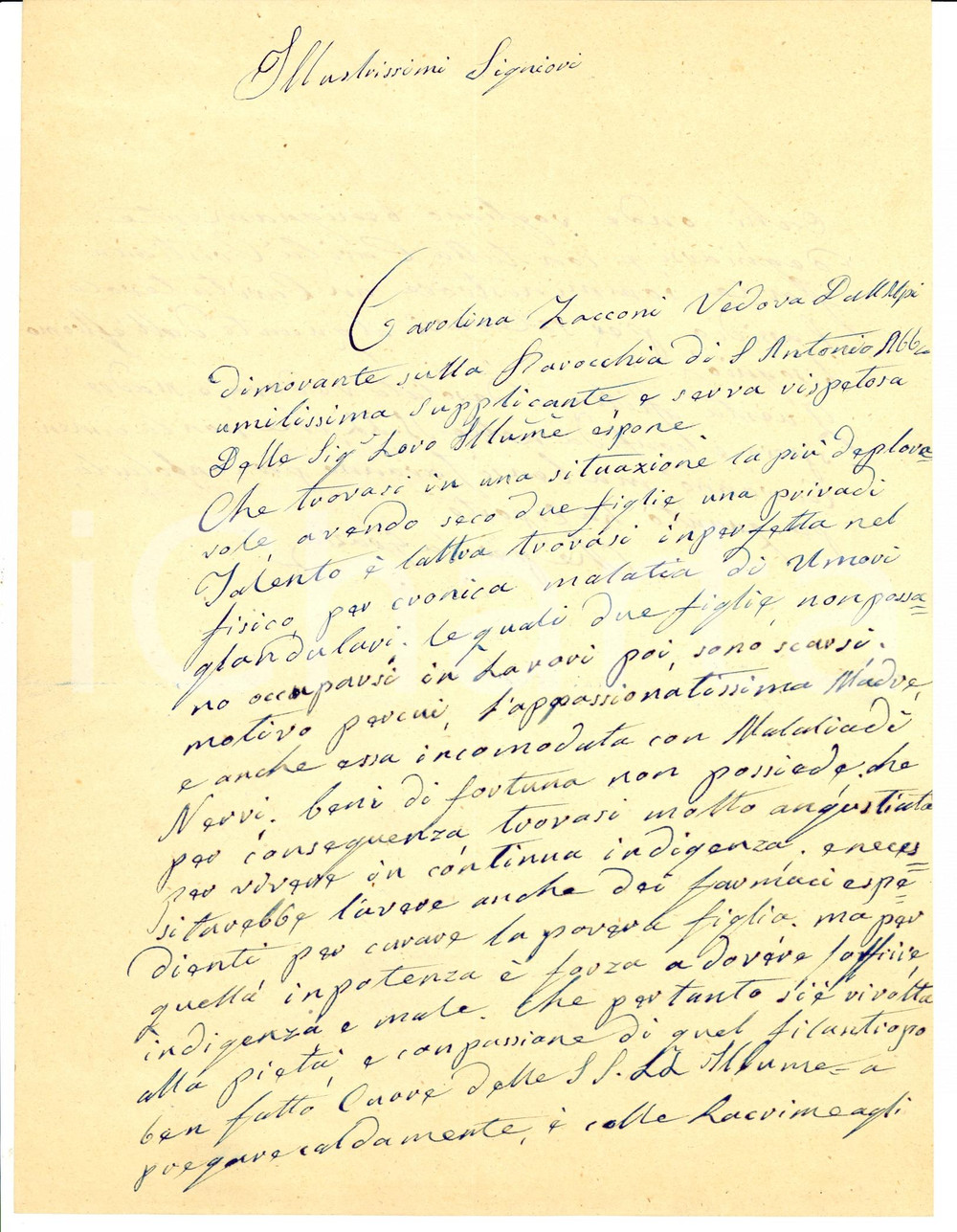 Manoscritto, lettera originale 1861 FANO (PU) Vedova Caterina ZACCONI in miseria con figlie malate 1